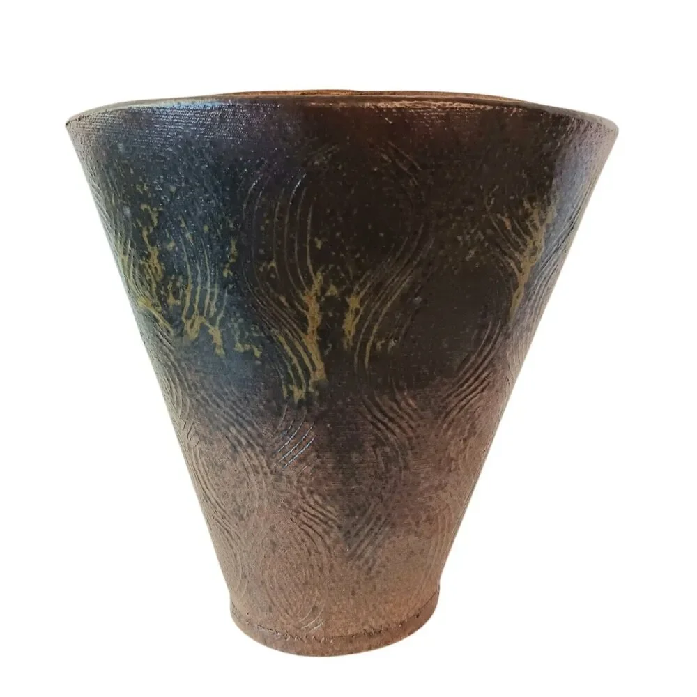 Cynthia Spencer Pottery Vase Brown Rust Mustard Colors Fan Shape 6.5